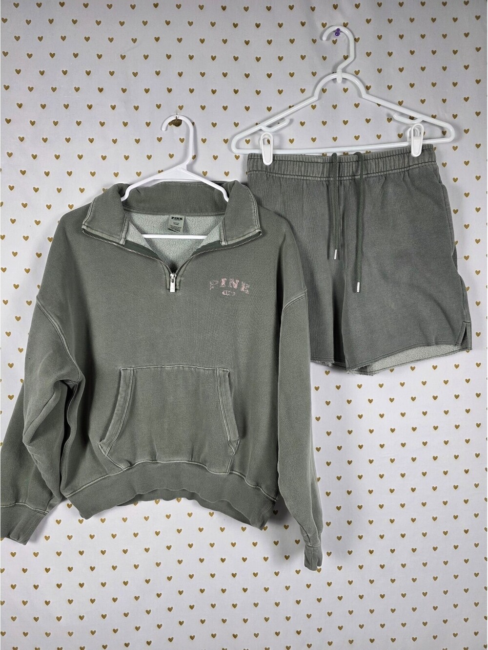 Victorias Secret Pink Sweater Shorts SET outfit Small Quarter Zip Green